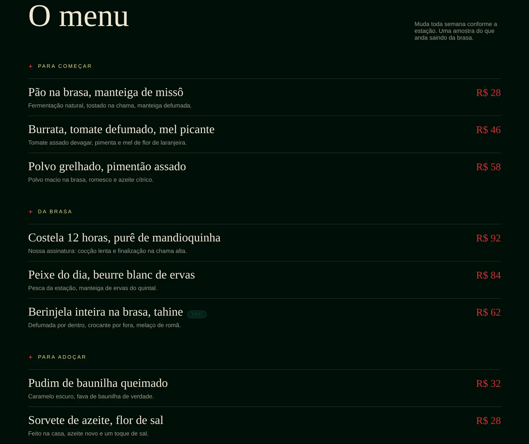 O cardápio tratado como página editorial — tipografia com serifa e ritmo de leitura.
