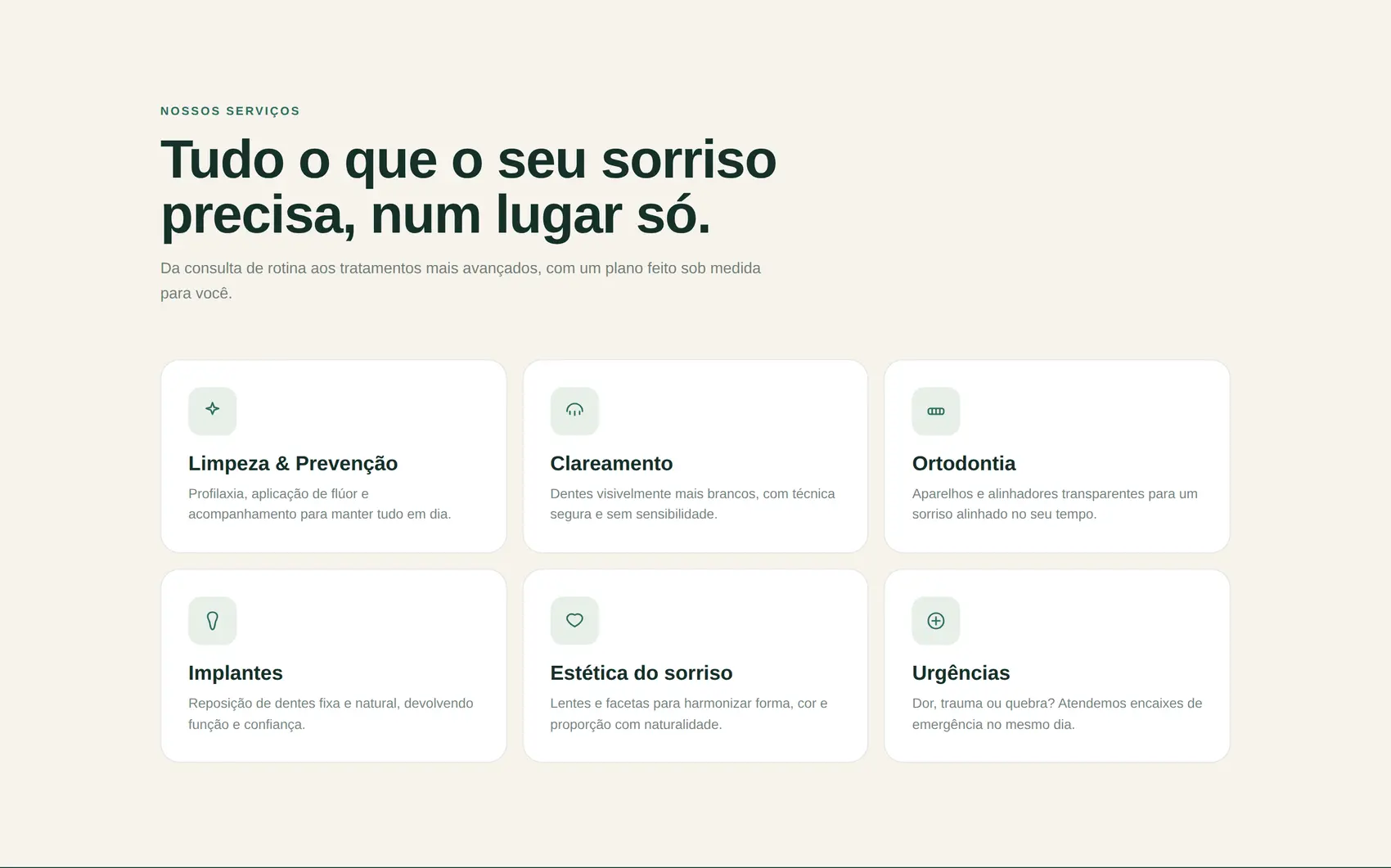 Serviços organizados em cards claros, fáceis de escanear.